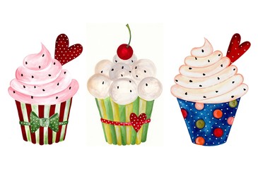 Set of cupcake. Watercolors on paper