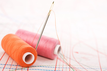 Spool of thread and needle. Sew accessories.