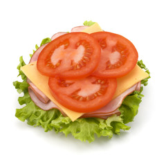 Healthy open sandwich with lettuce, tomato, smoked ham and chees