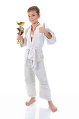 Young boy training karate.