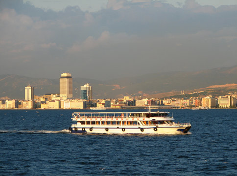 Ship on Izmir downtown background