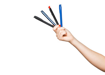 woman's hand with four pens isolated