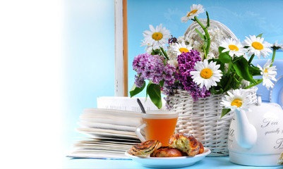 Postcard with tea , flowers and cookies