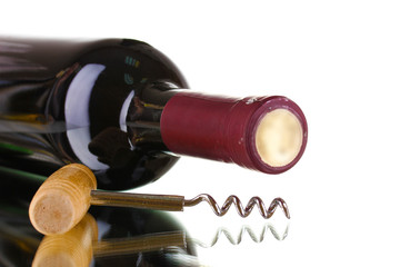 Bottle of great wine and corkscrew isolated on white