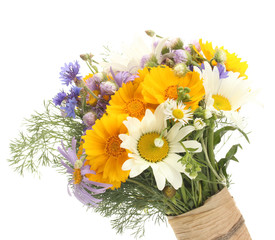 beautiful bouquet of bright  wildflowers, isolated on white