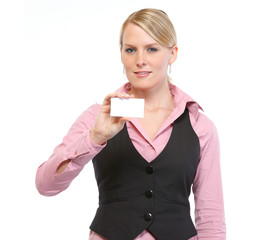 Woman employee showing blank business card