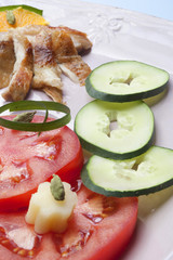 Meat with vegetables and cheese on a plate