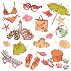 Hand drawn retro icons summer beach set on a paper background © Yuzach