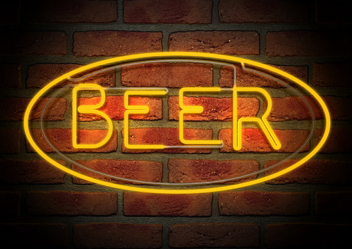 Neon Beer Sign on A Face Brick Wall