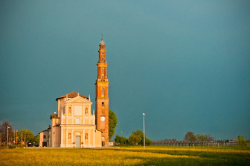 church and dramatic landscape in Sesso, Italy