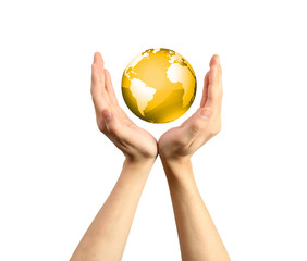 Mains protectrice d'une planète jaune