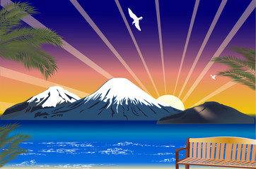 blue sea and hight mountains illustration