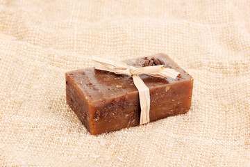 Hand-made soap on sackcloth