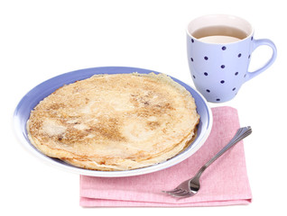 Stack of tasty pancakes isolated on white