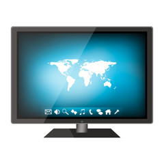 Tv with world map on a screen on white background