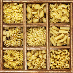 different kinds of italian pasta in wooden box catalog