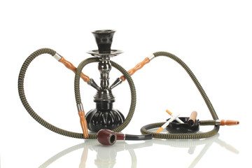 Smoking tools - a hookah, cigar, cigarette and pipe isolated