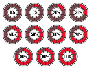 Set of Red Round Loader Progress Bars with Ten Sectors