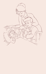 Vector picture. Mother and boy smile at the baby in the crib