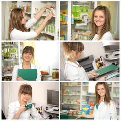 Collage. Doctor at pharmacy