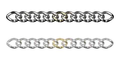 Silver chains with one golden link (isolated on white)