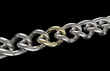 Silver chain with one golden link (isolated on black)