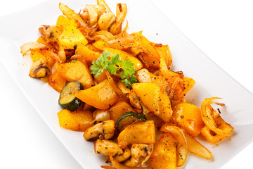 Grilled vegetables on white background