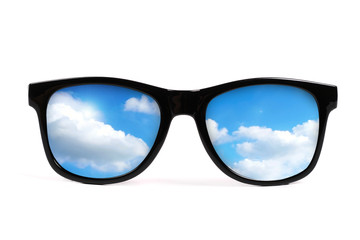 black sunglasses with sky reflection