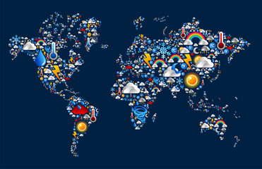 Weather icons set on map world shape