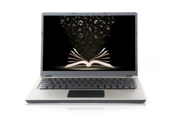 Laptop with book wallpaper isolated on white