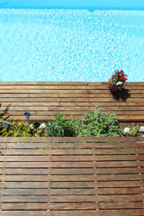 View of swimming pool with teck wood flooring