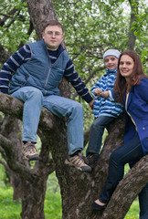 Happy young family of three sitting on a tree