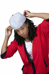 Young Black Woman Baseball Cap Red Shirt