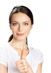 Businesswoman with thumbs up, on white