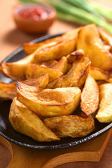 Homemade crispy fried potato wedges on metallic plate