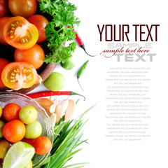 Tomatos, chives, garlic, red chili, lime and parsley on white