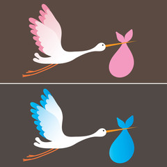 Stork delivering a newborn baby girl and boy