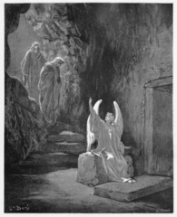 An angel announces to the women that Jesus has risen