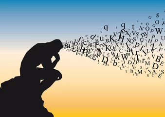 Fotobehang Concept de la réflexion avec symboliquement des lettres de l'alphabet qui s’échappent de la tête d’un homme qui médite dans la position du penseur de Rodin. © pict rider