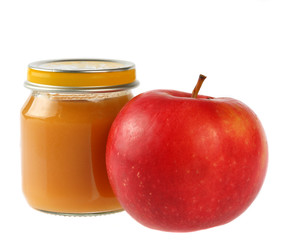 Baby food, apple and white background