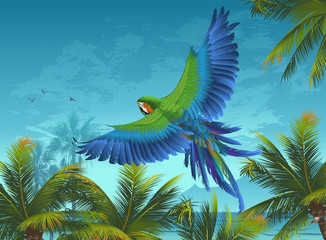 Amazon. Tropical background with parrots and palm trees.