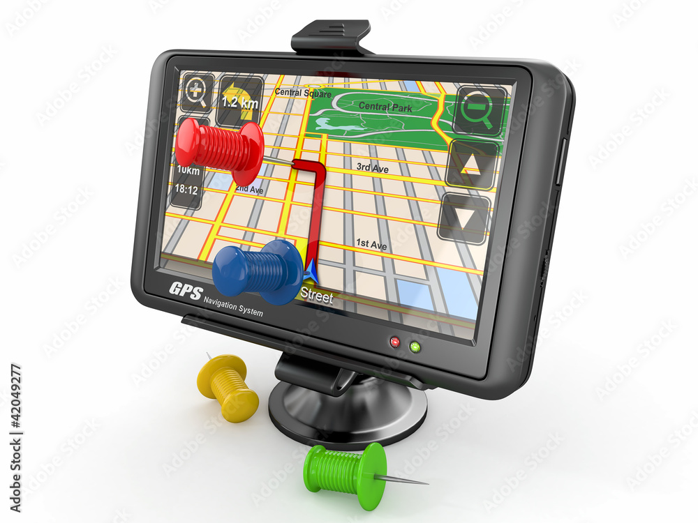 Poster gps. global positioning system and thumbtacks