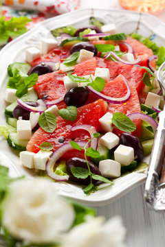 Watermelon Salad with Feta,Cucumber,Olive  and Mint