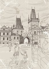 Vector drawing of a tower at the end of the Charles Bridge