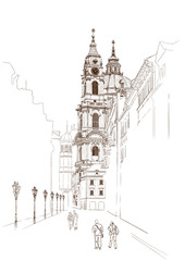 Vector sketch of Saint Nicholas Cathedral in Prague