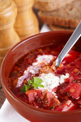 Russian cuisine. Borscht with sour cream