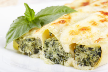 Kannelloni with spinach and ricotta baked in sauce bechamel