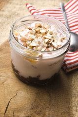Sweet dessert in glass jar - strawberry cake