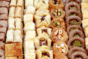 Arab sweets set, Turkish and Arabian dessert food. Lebanese and egyptian pastry. 