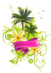 Fototapeta na wymiar Ribbon, palm i tropikalnych kwiatów